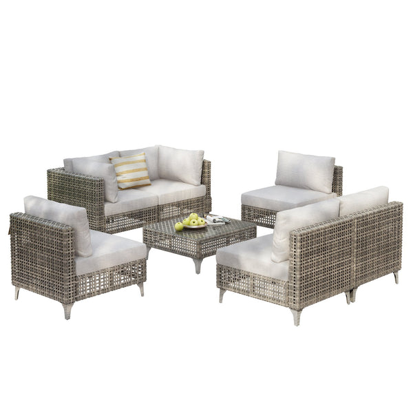 English Elm K&k 7 Piece Outdoor Modular Sectional Wicker Sofa Set with Tempered Glass Coffee Table Grey N707S000011G