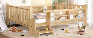 English Elm Twin Pine Floor Bed with Guardrails Built-in Bookcases and Stair Steps for Kids W1580P430186