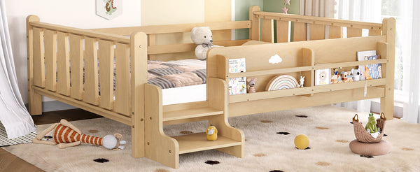 English Elm Twin Pine Floor Bed with Guardrails Built-in Bookcases and Stair Steps for Kids W1580P430186