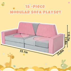 English Elm 15pcs Modular Toddler Play Couch Set Velvet Foam Fort Building Playroom Seating Pink+Grey T5880P493414