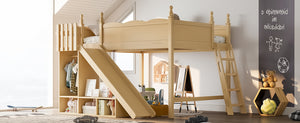English Elm Queen Solid Pine Loft Bed with Wardrobe Shelves Detachable Slide and Dual Sleeping Zones Natural W5305S00027
