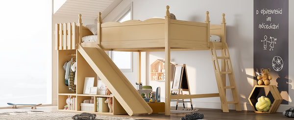 English Elm Queen Solid Pine Loft Bed with Wardrobe Shelves Detachable Slide and Dual Sleeping Zones Natural W5305S00027