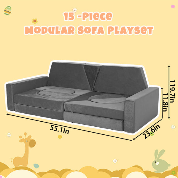 English Elm 15pcs Modular Toddler Play Couch Set Velvet Foam Fort Building Playroom Seating Dark Gray T5880P493415