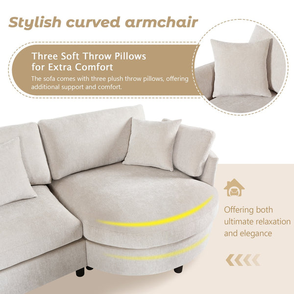English Elm U_style Chenille Sectional Sofa with Curved Chaise Pine Frame and Three Accent Pillows Beige WY000461AAA