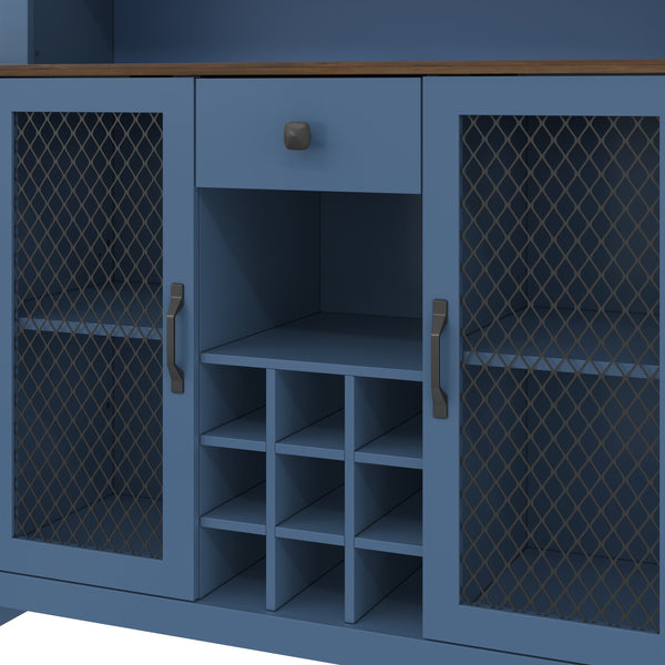 English Elm 70.9" Farmhouse Hutch Pantry with Led Lighting Wine Rack Mesh Doors and Built-in Power Navy Blue CH361426AAL