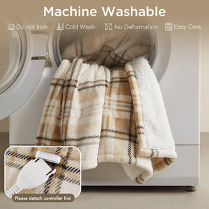English Elm 1-piece Aztec Heated Throw with 12 Settings Auto Shutoff Soft Ivory Boho Blanket Tan Plaid B035P408330