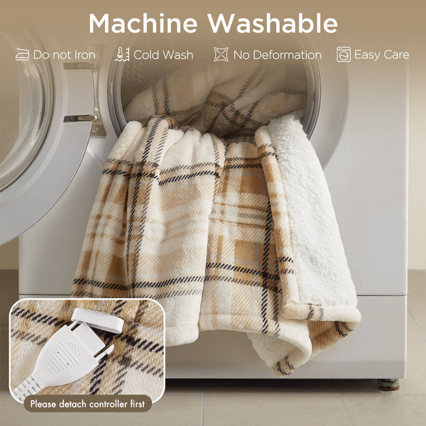 English Elm 1-piece Aztec Heated Throw with 12 Settings Auto Shutoff Soft Ivory Boho Blanket Tan Plaid B035P408330