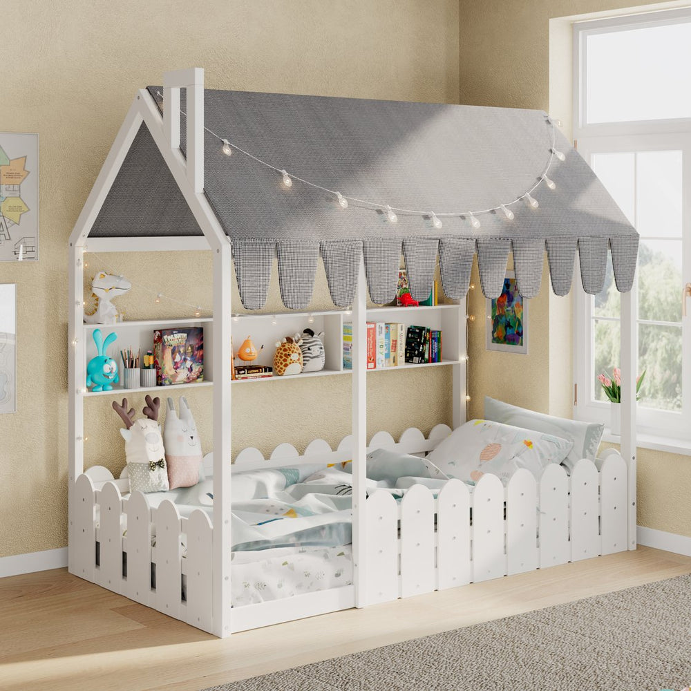 English Elm {slats Are Not Included} Twin Montessori House Floor Bed Kids Tent Lights Shelves Pinewood Frame White N708P407962K