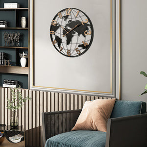 English Elm 36 Inch Large Black Metal Wall Clock - Modern Silent World Map Design With Vintage Gold Numerals W1445P249305
