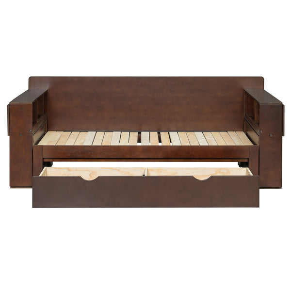 English Elm Full Size Daybed with Hydraulic Desk Armrests Storage Drawer and Sofa Seating Espresso LT000271AAP