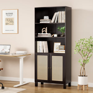 English Elm Tall Rattan Door Bookcase with 5 Shelves — Stylish Tall Storage Shelf for Living Room Office LibraryBedroom Walnut T3623P379905