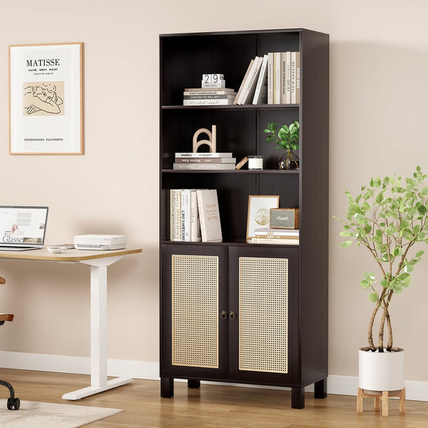 English Elm Tall Rattan Door Bookcase with 5 Shelves — Stylish Tall Storage Shelf for Living Room Office LibraryBedroom Walnut T3623P379905