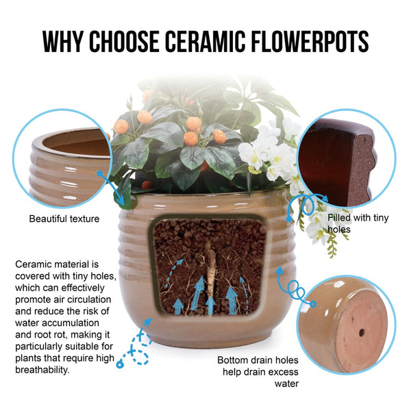 English Elm Set Of 3 Antique Bronze Ceramic Flowerpots - Elegant Modern Planters For Indoor & Outdoor Styling W3273P321466-GIGA