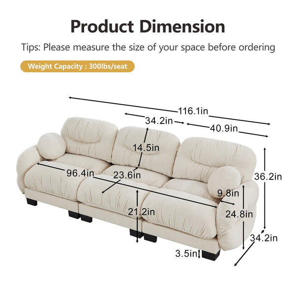English Elm Pleated Chenille Three Seater Modular Sofa with Ergonomic Foam and Curved Armrests Beige W5656S00040