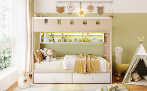 English Elm Twin Castle Bunk Bed with Led Lighting Built-in Shelf and Storage Drawers for Kids White LT000158AAK