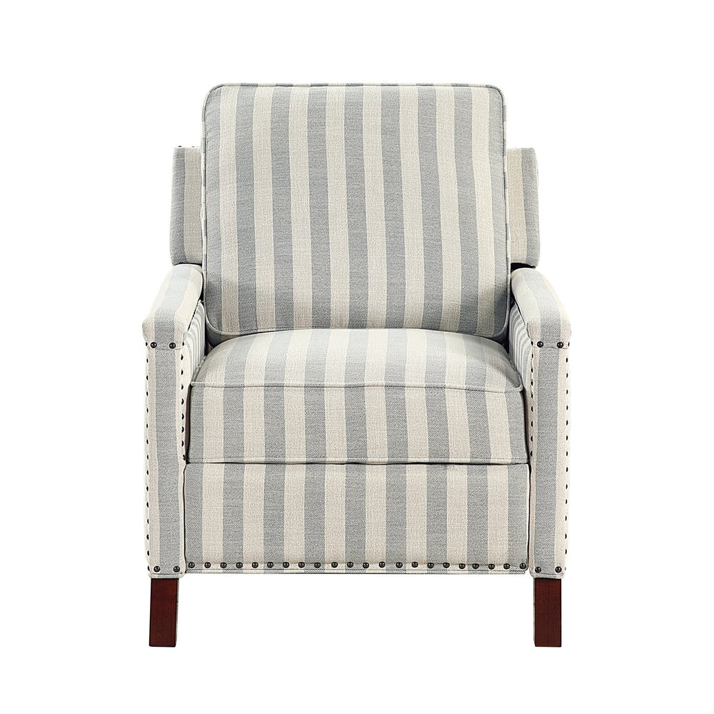 English Elm 1pc Push Back Recliner Chair in Beige-Blue Stripe Fabric with Nailhead Trim, Solid Wood Frame, CozyComfort B011P396189