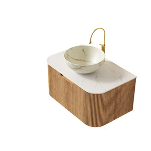 English Elm Muri Floating Bathroom Vanity Plywood Cabinet Sintered Stone Top Oak Drawer Carrara White,Natural Wood,Stone White W2615S00693