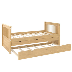English Elm Twin Solid Wood Platform Bed with Trundle and Two Drawers, White Daybed for Kids Guests Natural W1580S00264