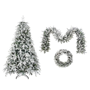 English Elm Christmas Snow Flocked Wreath Set with 9ft Garland & 6ft Tree, Warm LED Lights, 3-Piece Indoor Decor (100) PX283313AAW