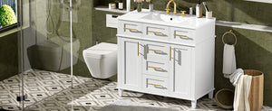 English Elm 36" White Bathroom Vanity Cabinet with Ceramic Sink, Gold Handles, Soft-Close Drawers & Adjustable Shelf N729P204177K