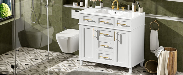 English Elm 36" White Bathroom Vanity Cabinet with Ceramic Sink, Gold Handles, Soft-Close Drawers & Adjustable Shelf N729P204177K