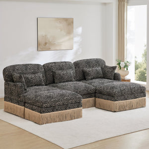 English Elm 100"comfy Chenille Leopard Print U-shaped Sectional with Tassel Trim and Modular Ottomans Khaki W5656S00024