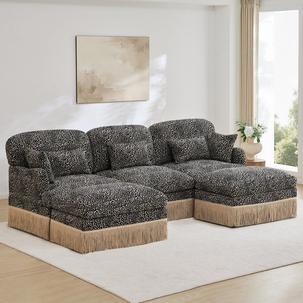 English Elm 100"comfy Chenille Leopard Print U-shaped Sectional with Tassel Trim and Modular Ottomans Khaki W5656S00024