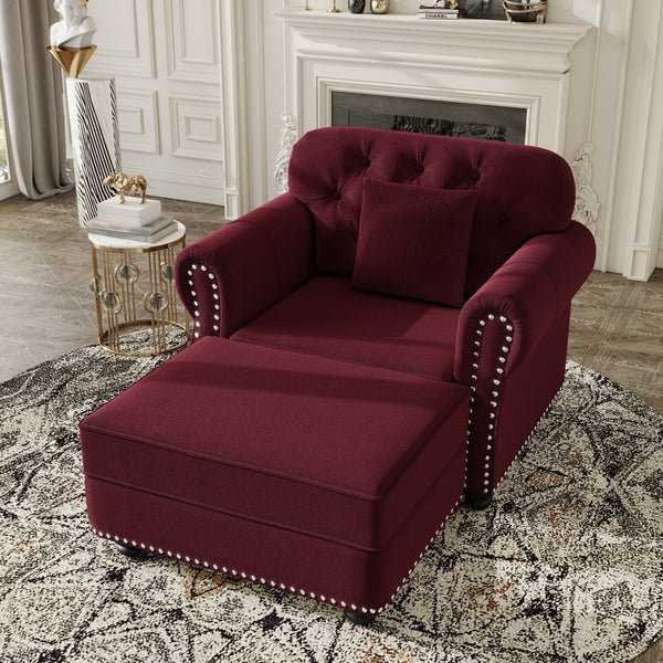 English Elm 41.3"upholstered Velvet Chesterfield Sofa Button Tufted with Nailhead Trim Reading Nook Burgundy W1885S00375