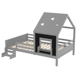 English Elm Full Bunk Bed with Trundle Bookshelf Storage Pine Frame Car Design for Kids Gray W1580S00296