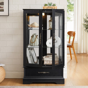 English Elm Lighted Curio Cabinet With Adjustable Shelves & Built-In Drawer - Elegant Display With Lighting, Black W1758P297549
