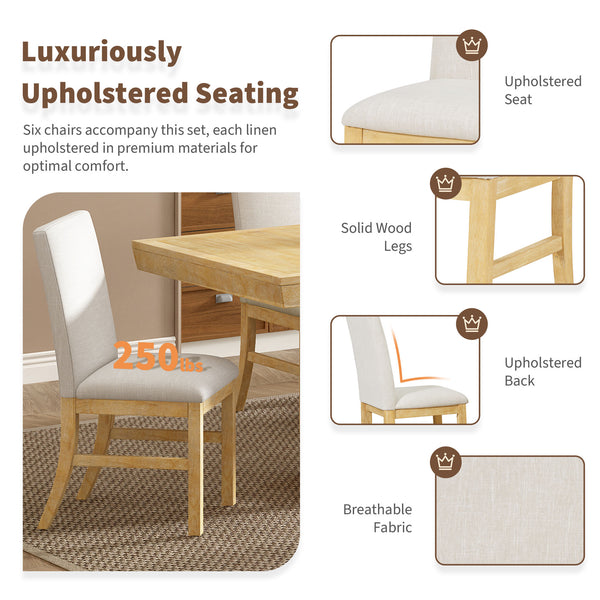 English Elm TOPMAX 7-Piece Extendable Dining Set with 12" Self-Hidden Butterfly Leaf and Upholstered Chairs, Distressed White Wire-Brushed Finish Natural SP000059AAA