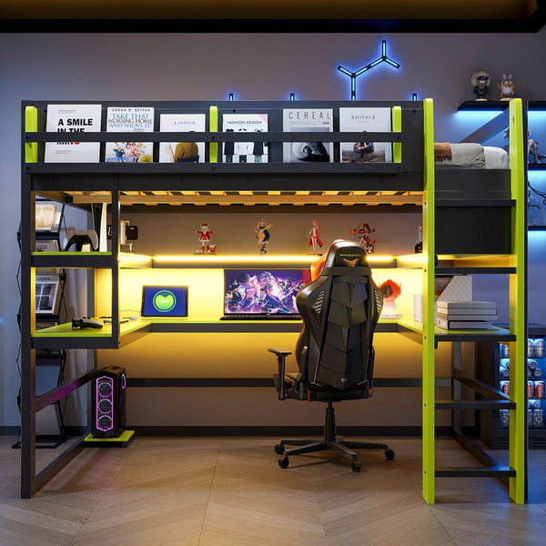 English Elm Full Size Gaming Loft Bed with Rgb Lights Wraparound Shelves and Built-in Usb Ports Green LT000299AAF