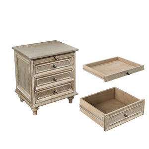 English Elm Farmhouse Nightstand Pine Wood Four Drawer Storage with Pull Out Tray Gourd Legs Natural+White W1716P399642