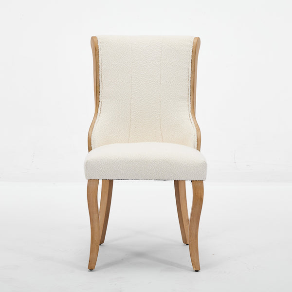 English Elm Snow Velvet dining chair with mid-century curved wood trim, plush foam support, sturdy solid wood craftsmanship and sculpted legs for elegant dining and lounge seating Beige W1143P332691