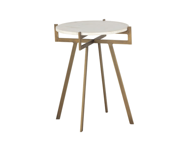 Sunpan Anak End Table – Rustic Elegance with Antique Brass Frame and Unique Natural Marble Top Design White