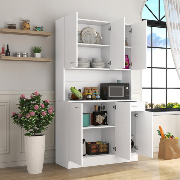 English Elm 70.87" Wardrobe Kitchen Cabinet with 6 Doors, 1 Drawer & Open Shelf — Durable Melamine MDF Storage Solution White W331S00058