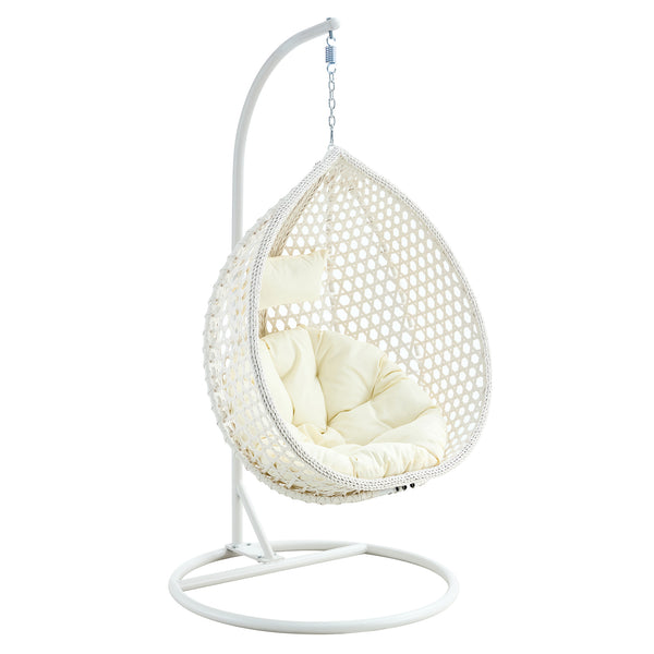 English Elm 76.8-inch Hand Woven Rattan Egg Swing Chair Indoor Outdoor with Cushion Lumbar Pillow White W1512P498593
