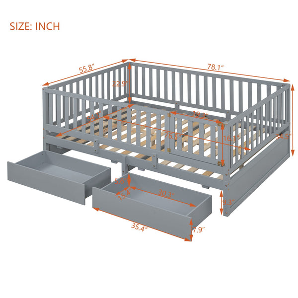 English Elm Full Size Pinewood Kids Daybed with Fence Rails Split Floor Bed and Storage Drawers Gray LP100882AAE