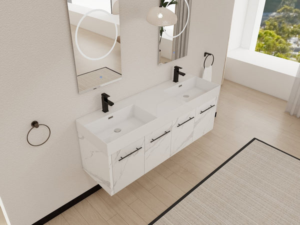 English Elm 60 Inch Wall-Mounted Bathroom Vanity With Double Resin Sinks, Modern Design, Storage & Style W999S00254