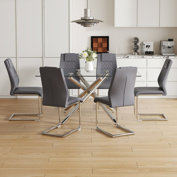 English Elm Table - Modern Luxurious Transparent Glass Dining Set With 6 Dark Gray Pu Chairs & Silver Legs W1151S04130-GIGA