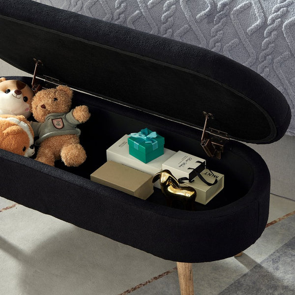 English Elm Luxury Boucle Oval Ottoman Bench with Hidden Storage Rubberwood Legs Entryway Seat Black W2186P430719