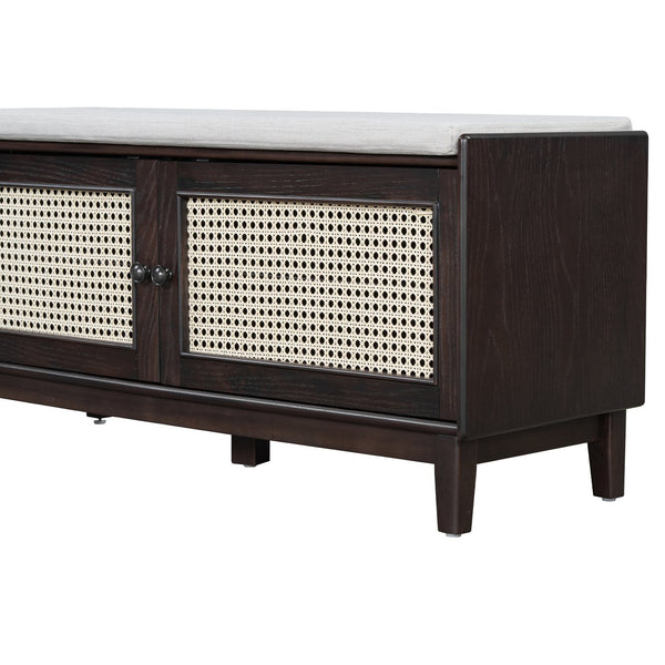 English Elm Trexm Bohemian Rattan Storage Bench Cushioned Seat Shoe Cabinet for Entryway Beige,Espresso N715P308012P