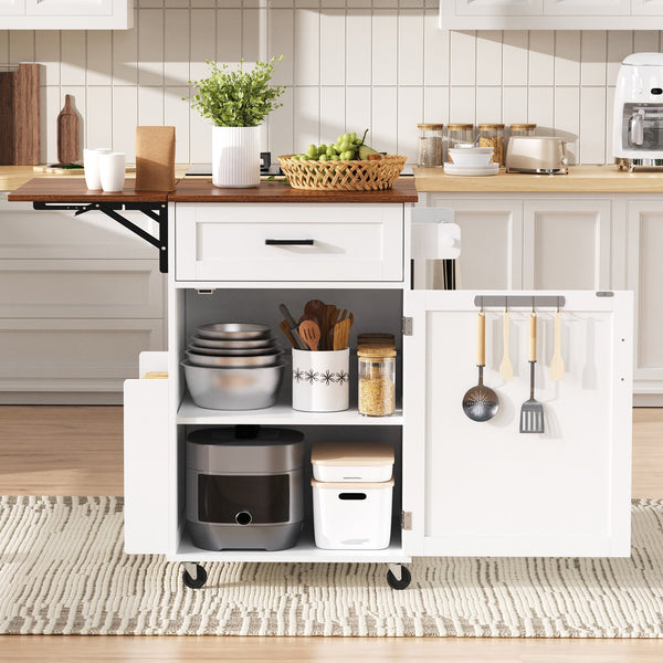 English Elm K&k Farmhouse Rolling Kitchen Cart with Drop Leaf Drawer Open Rack Lockable Wheels White N707P404539W