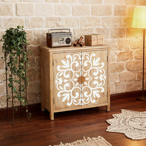 English Elm Rustic Wooden Accent Cabinet with Floral Carved Doors, Antique Brown White, Sturdy 2-Door Storage for Entryway, Dining Room, Living Room W2295P365012