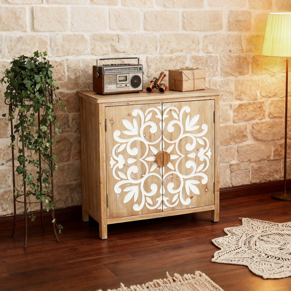 English Elm Rustic Wooden Accent Cabinet with Floral Carved Doors, Antique Brown White, Sturdy 2-Door Storage for Entryway, Dining Room, Living Room W2295P365012