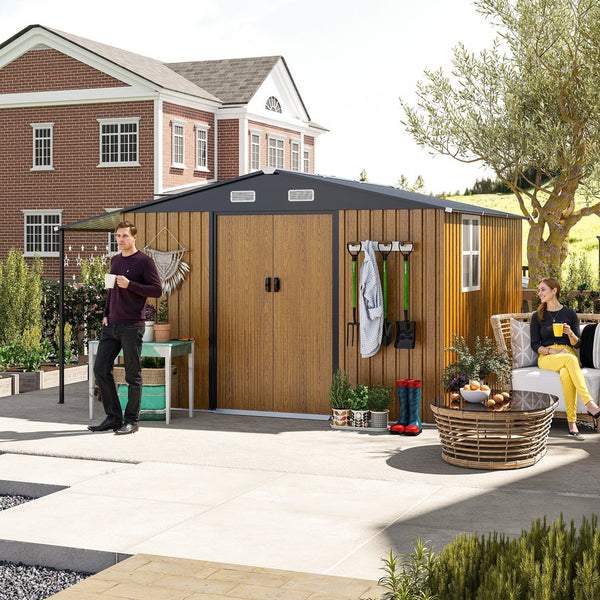English Elm 10x12 Ft Galvanized Steel Outdoor Shed Dual Zone Lockable Sliding Doors Backyard Storage Yellow W1598S00033