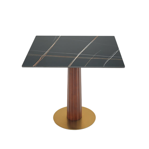 English Elm Modern Square Dining Table - 33.5" Space-Saving Sintered Stone Top With Wooden Legs & Gold Base W1535S00595