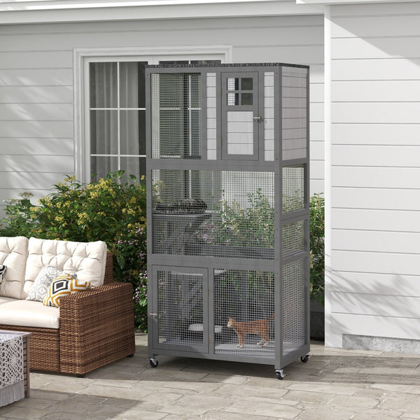 English Elm Pawhut Weatherproof Wooden Catio Outdoor Cat Enclosure with Wheels Multi-level Design W2225P229469
