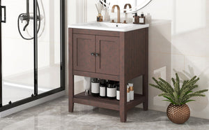 English Elm 24" Modern Sleek Bathroom Vanity with Ceramic Sink, Solid Wood Frame, Waterproof Finish and Open Shelf Storage Brown N725P246473D