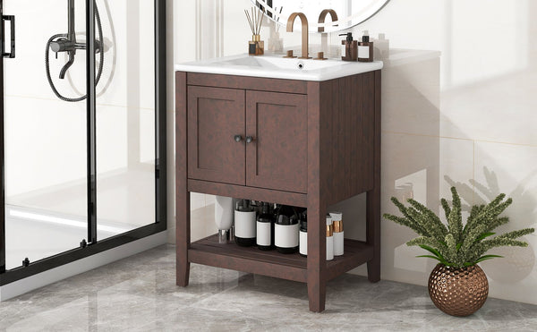 English Elm 24" Modern Sleek Bathroom Vanity with Ceramic Sink, Solid Wood Frame, Waterproof Finish and Open Shelf Storage Brown N725P246473D